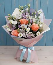 Букет Утренняя свежесть в Павлово Нижегородской области Букет цветов из:  Лизиантусы, Розы, Альстромерии и Гипсофила в Павлово Нижегородской области